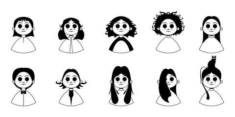 Modern female character. Set of ten black and white portraits with different hair and details. Cartoon. Vector illustration design for your project and business.
