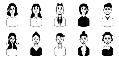 Modern female character. Set of ten black and white portraits with different hair and details. Cartoon. Vector illustration design for your project and business.