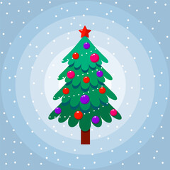 Christmas tree decorated on a blue background with snow. Vector illustration.