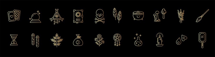 Fototapeta premium Witchcraft gold outline icon collection. Mystery and magic objects: tarot, magic ball, spell book, candle, hourglass, feathers, herbs, cauldron, flasks, mushrooms, broom, skull with bones, etc.