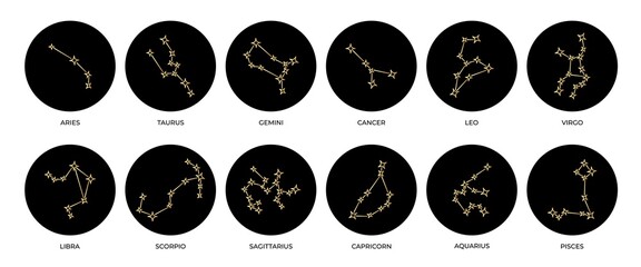 Gold zodiac constellations with names vector illustration. 