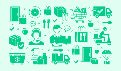 Food delivery horizontal poster with silhouette icons. Vector illustration - courier, bike, door contactless delivering, grocery list, dinner green glyph pictogram for distribution flyer or brochure