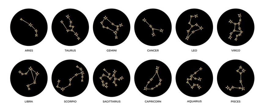 Gold zodiac constellations with names vector illustration. 
