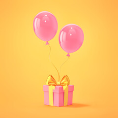 Pink gift box with golden bow and pink balloons on yellow background