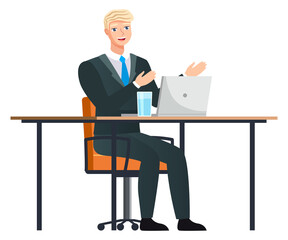Office staff, manager work and communication. Office worker at the table. Business employees on their workspace. Co-worker. Businessman or a clerk working at his office workplace flat style