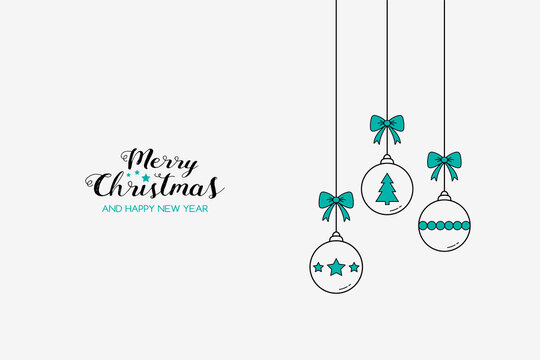 Christmas card with hanging baubles and greetings. Simple background. Vector
