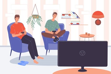 Vector cartoon flat happy friends characters,trendy young people,two boys play games on console indoors at home - communication,emotions,friendship,healthy social concept