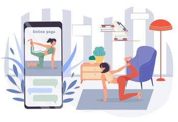 Vector cartoon flat girl character study yoga on screen mobile phone device,doing stretching exercises indoors-online education, distance training,remote study concept