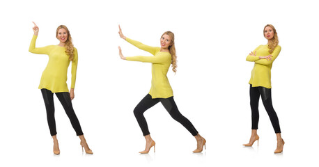 Fototapeta premium Pretty young woman in yellow blouse isolated on white