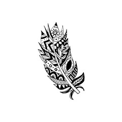 Ornamental bird feather with black and white ornate vector illustration isolated.