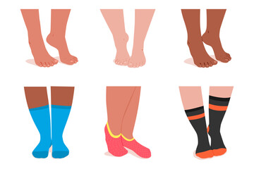 Girl feet in socks vector cartoon set isolated on a white background.