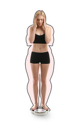 Sick woman after weight loss on white background. Concept of anorexia