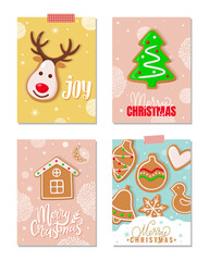 Joy and merry Christmas gingerbread cookies set vector. Reindeer with horns, pine tree biscuit, house and baubles, ball and heart, bell and bird shape