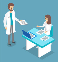 Fototapeta premium Two doctors talking about results of medical test. Therapist man holding clipboard with information, show it to woman. Physician woman sitting at table with laptop. Colleagues communication. Isometric