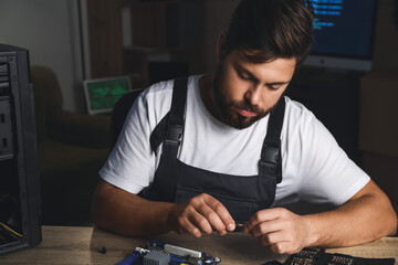Technician repairing computer in service center