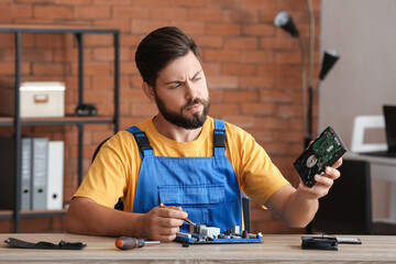 Technician repairing computer in service center