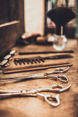 accessories for haircuts are on the shelf in the salon