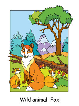 Children colorful fox vector illustration for coloring