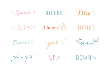 英語の単語と手描きイラストのセット／文字／カリグラフィー／筆記体／言葉／かわいい／飾り／装飾