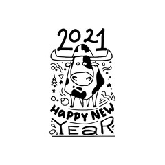 Happy New Year poster . Year of Ox 2021.