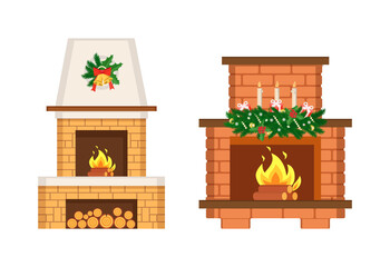 Fireplaces with chimneys and Christmas decoration vector. Wreath made of leaves and branches, mistletoe and pine, garlands and candles lit presents