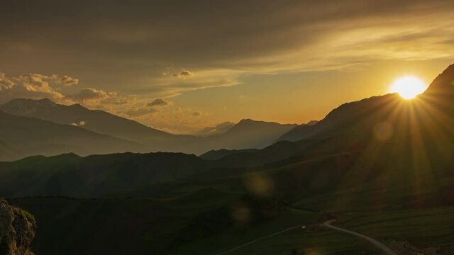 Beautiful sunset in the smoky mountains, Caucasus, Russia, zoom in timelapse 4k