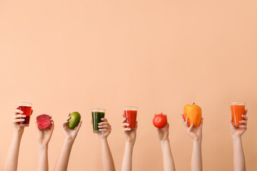 Many hands with glasses of vegetable juices on color background - obrazy, fototapety, plakaty