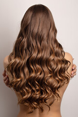 wavy  brown hair back view. Grey background