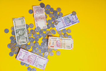 The brand new Indian currency bank notes of 50, 200, 500 and 2000 rupees. Success and got profit from business. GST tax on goods and service.