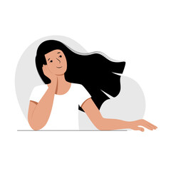 Young woman with long flowing hair sits with her cheek on her hand smiles. Concept character of daydreaming thinking good positive mood. Stock vector flat illustration isolated on white background.