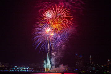 The blurred background of fireworks (light trails) is beautiful at night, seen in the New Year holidays, Christmas events, for tourists to take pictures during public travel.