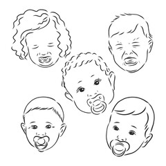 Doodle style infant or baby illustration in vector format. Includes several looks, crying, smiling, with pacifier, baby crying with a pacifier vector sketch illustration
