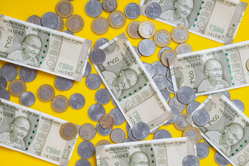 The brand new Indian currency bank notes of 50, 200, 500 and 2000 rupees. Success and got profit from business. GST tax on goods and service.