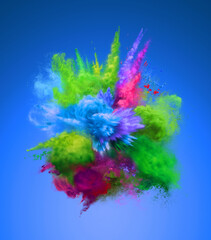 Bright colorful explosion of blue and green powder