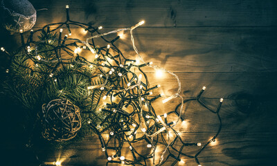 christmas lights on wooden vintage background