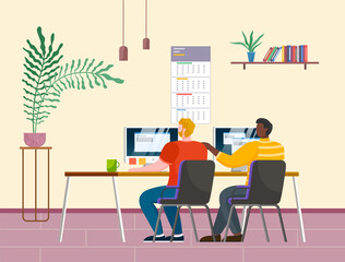 Office staff, work and communication. Head and subordinates. Various workers, managers team. Business employees on their workspace. Office workers. Co-workers. Colleagues discuss project teamwork