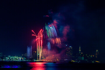 The blurred background of fireworks (light trails) is beautiful at night, seen in the New Year holidays, Christmas events, for tourists to take pictures during public travel.