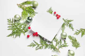 Beautiful Christmas composition with blank card on white background