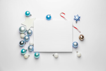 Beautiful Christmas composition with blank card on white background