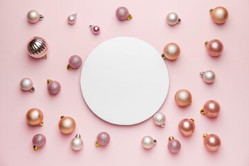 Beautiful Christmas composition with blank card on color background