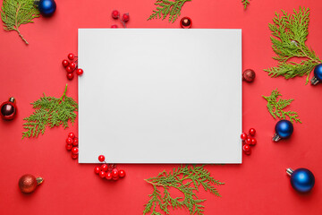 Beautiful Christmas composition with blank card on color background