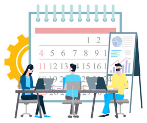 People in office vector, gathering of experts and professionals. Man and woman with laptop, seminar with presentation and info charts explanation