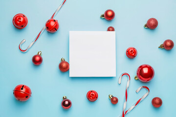 Naklejka na ściany i meble Beautiful Christmas composition with blank card on color background