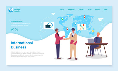 International business. Landing page of business website. Global cooperation with international partners, successful deals, communicating. Global logistic network. Men shaking hands, woman with laptop