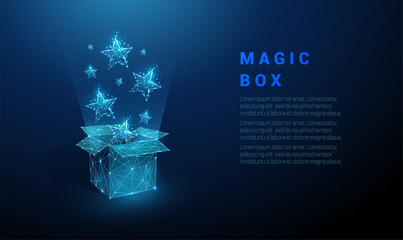Abstract open gift box and flying blue stars