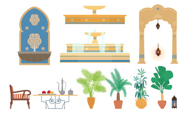 Arabian Palace Garden Elements Flat Vector Illustration. Ornate Fountains, Arch, Potted Tropical Plants, Armchair, Table With Silver Pot And Plate With Fruits, Lanterns. Isolated On White.
