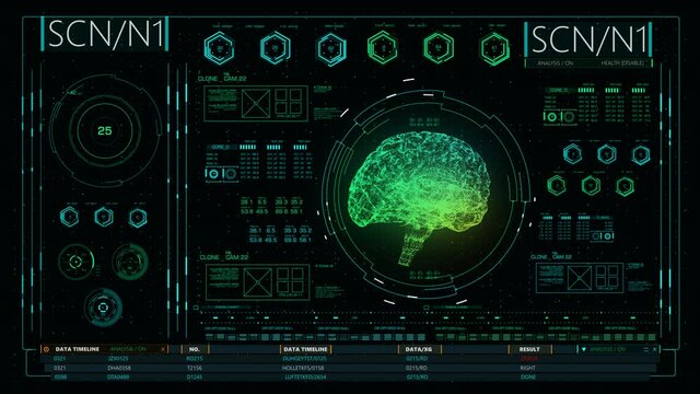 CGI of holographic image of anatomically correct brain rotating on screen as different data flickering beside it. Holographic UI of brain scan