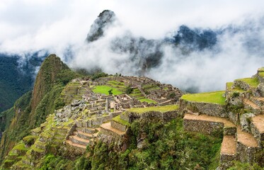Fototapeta premium Machu Picchu, panoramic view of peruvian incan town