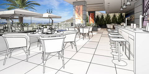 Terrace Bar & Restaurant with Outlook (draft) - panoramic 3d visualization