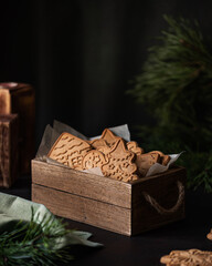 Fototapeta na wymiar christmas cookies in a wooden box. christmas holiday concept.